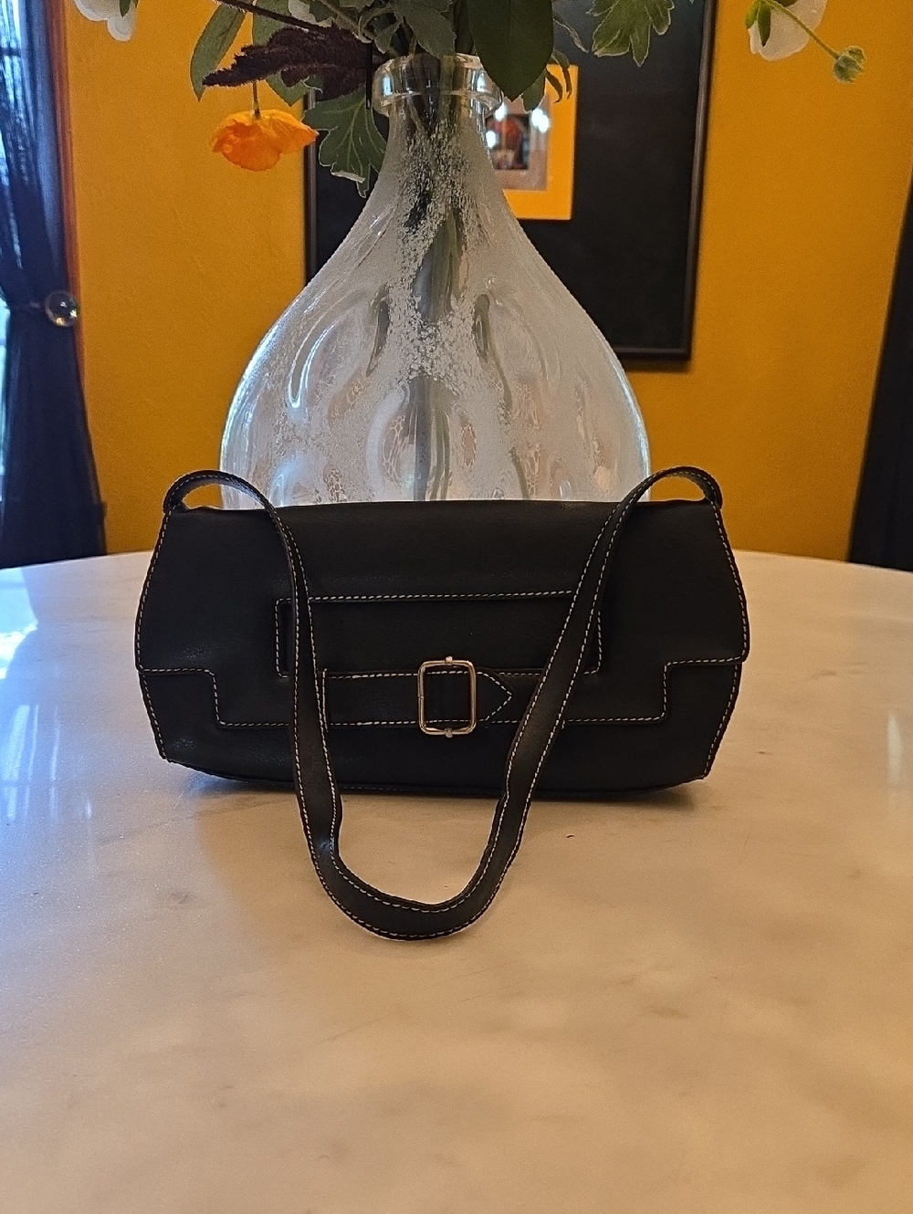 Sondra Roberts Black Shoulder Bag with White Contrast Stitching
